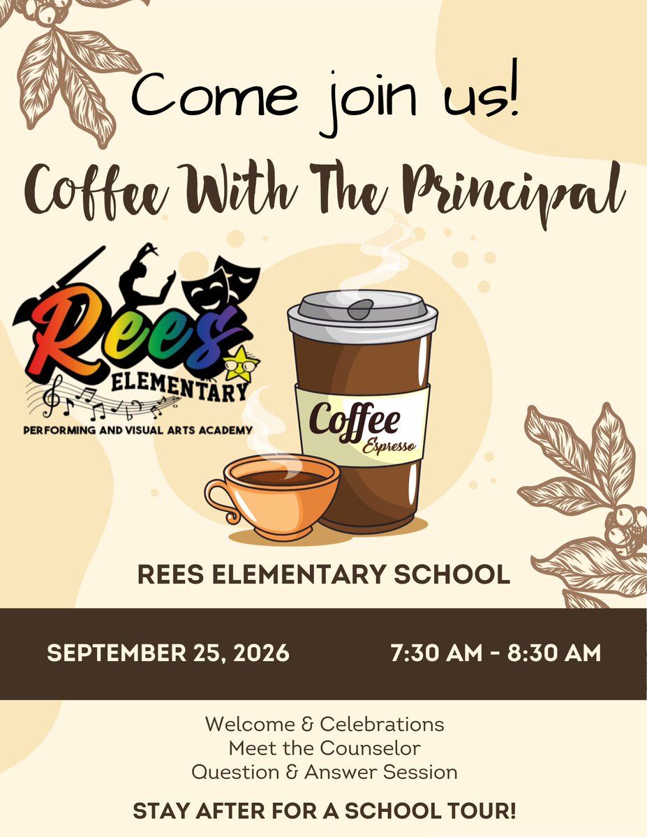 ReesStars's tweet photo. ☕ Coffee with the Principal is TOMORROW! Join us Sept. 25 at 7:30 AM to learn what’s happening at Rees PVAA, meet our principal, hear from our counselor &amp; tour the school! 🏫💙

We hope to see you there!

#ReesPVAA #YouBelongHere #AliefISD https://t.co/GRcAXg9HaU
