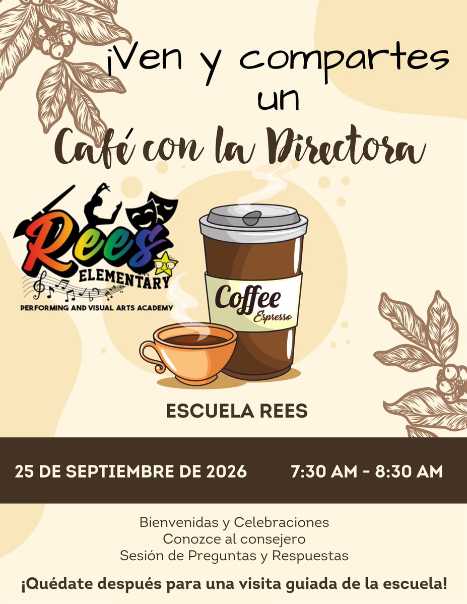 ReesStars's tweet photo. ☕ Coffee with the Principal is TOMORROW! Join us Sept. 25 at 7:30 AM to learn what’s happening at Rees PVAA, meet our principal, hear from our counselor &amp; tour the school! 🏫💙

We hope to see you there!

#ReesPVAA #YouBelongHere #AliefISD https://t.co/GRcAXg9HaU