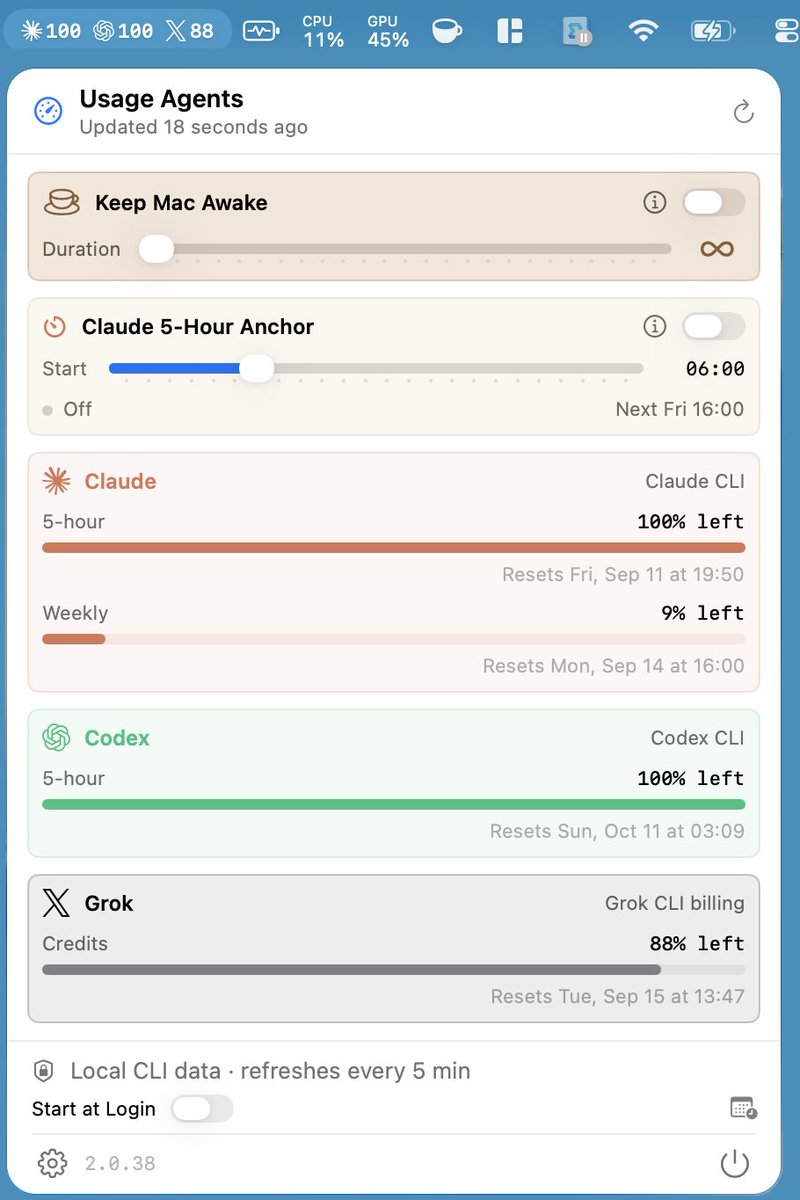 hydromo_dev's tweet photo. I built Usage because I kept losing Claude, Codex, and Grok quotas mid-session.

Indie Mac constraint I wouldn’t bend: one compact menu-bar strip, remaining %, five-minute refresh — no Usage cloud account, and credentials stay with the local CLIs. https://t.co/r5uxKl0D6u