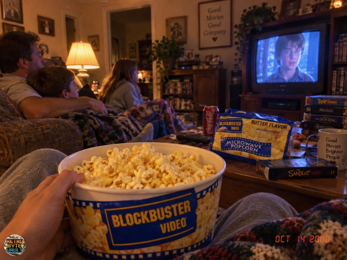 RetroByteVault's tweet photo. POV: It's Friday night in the early 2000s. You just got home from Blockbuster with a movie and a bag of their buttery popcorn.

The whole family is gathered around the TV, the lights are low, and that old CRT is lighting up the living room.

No streaming, no scrolling, just a movie night with the people you love.

These were some of the best nights.