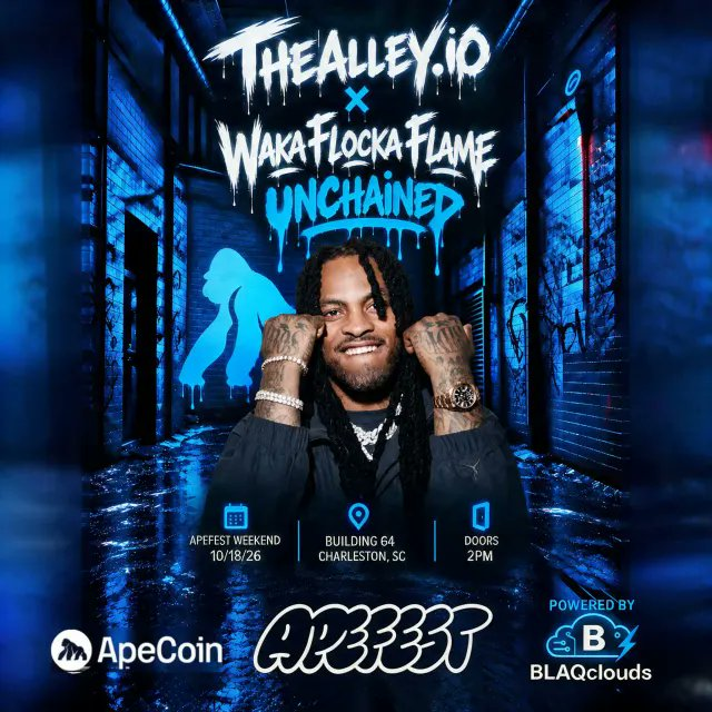 EliteOGz's tweet photo. Your ApeFest weekend keeps getting better.

Join @BoredApeYC and @blaqclouds_WY for theAlley x @WakaFlocka: UNCHAINED.

Sunday, October 18. Doors 2PM.
Building 64. Charleston, SC.

BAYC and MAYC holders: $10 Ape Tickets + free drink + private Ape section.

Verify your Ape with Glyph, delegate, and grab the discounted ticket.

Can’t make it in-person? Livestream tickets are available.

Charleston — this is in your backyard.
CSU Bucs. Student life. Lowcountry hip hop. Pull up.

@charlestonsouthern @csubucs @csusports @z93jamz @oldskool921fm @star997fm

#ApeFest2026 #UNCHAINED #Charleston #CSU