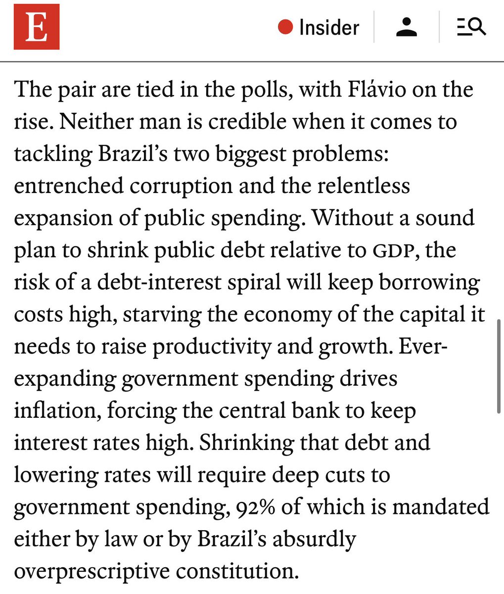 SamPancher's tweet photo. Em editorial, The Economist diz que nem Lula, nem Flávio têm credibilidade para lidar com os dois maiores problemas do Brasil: corrupção e expansão de gastos públicos.

Revista também diz que Renan Santos tem a candidatura que “mais se aproxima do que o momento exige”, mas salienta que “nem ele, nem qualquer outro outsider conseguiram avançar contra as máquinas políticas de Lula e Bolsonaro.”

O resultado, segundo o editorial, serão mais 4 anos de “estagnação”.