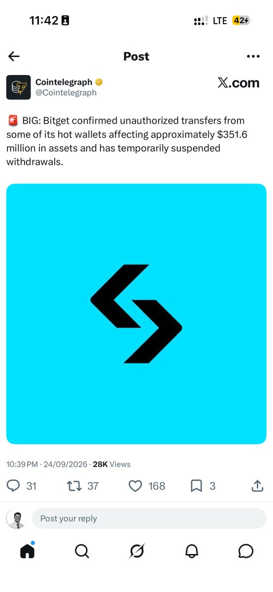 BlockDevFalcon's tweet photo. 🚨 Bitget Security Incident Update

Bitget has confirmed that its security systems detected unauthorized transfers from portions of its hot and warm wallet infrastructure on September 24, 2026, with approximately $351.6 million in assets affected.

Withdrawals have been temporarily suspended while Bitget conducts a security investigation. The exchange says deposits and trading remain operational and that its cold wallets were not affected.

Bitget has stated that user funds remain protected and that its User Protection Fund currently exceeds $464 million. The exact cause of the incident remains under investigation.