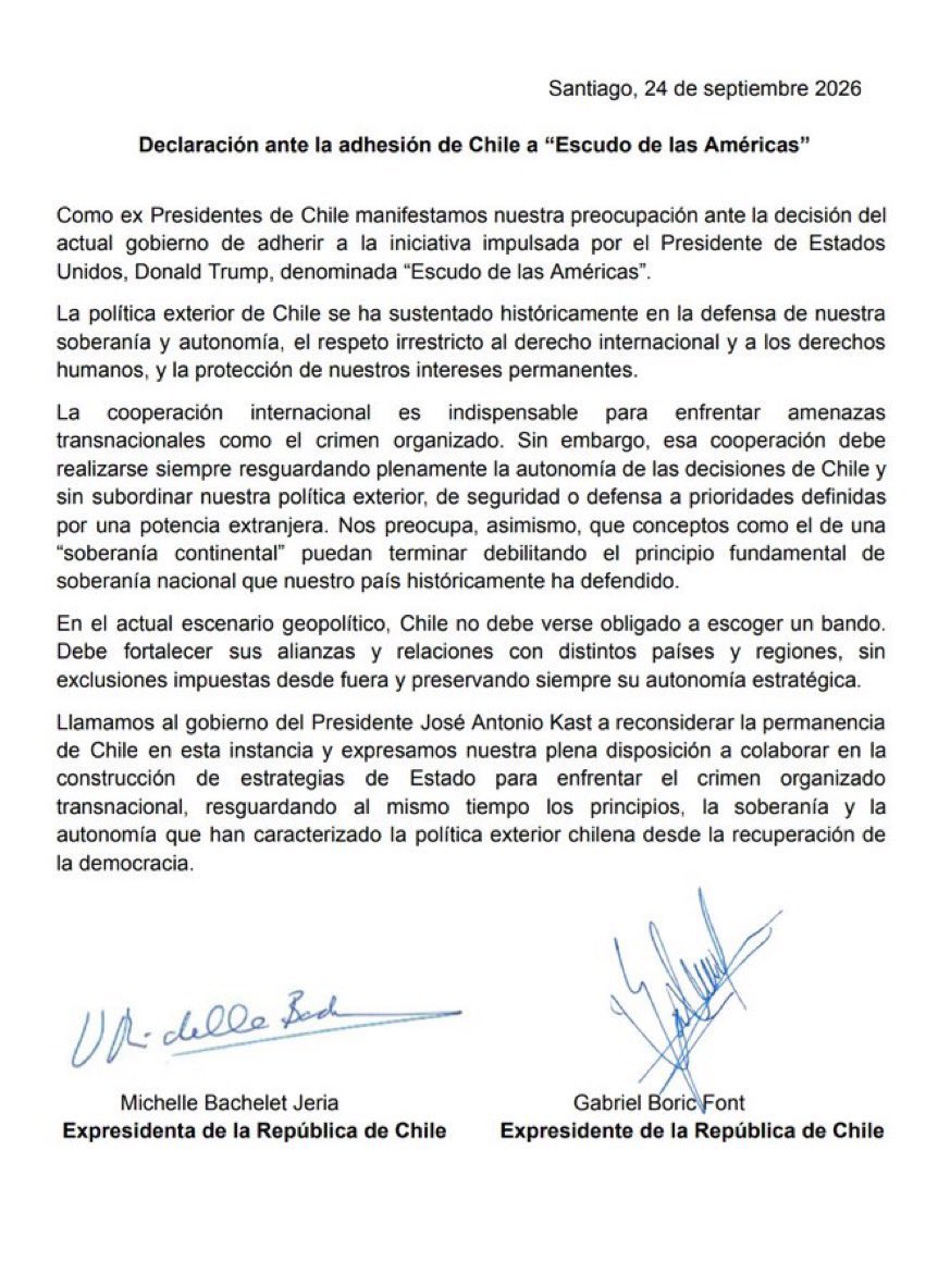 IraciHassler's tweet photo. Comparto el llamado de la expresidenta Michelle Bachelet y el expresidente Gabriel Boric: el Gobierno debe reconsiderar la adhesión de Chile al «Escudo de las Américas». 

Cooperar contra el crimen organizado es necesario, pero siempre con pleno resguardo de nuestra autonomía y soberanía. 

Espero que el Presidente Kast escuche y retroceda en esta mala decisión.