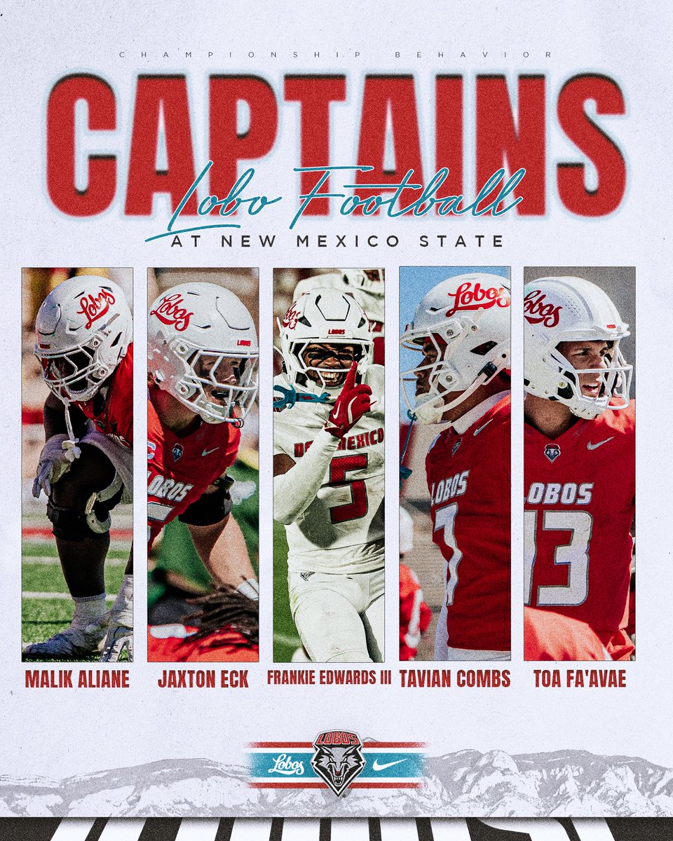 UNMLoboFB's tweet photo. Our 𝗟𝗼𝗯𝗼 𝗖𝗮𝗽𝘁𝗮𝗶𝗻𝘀 for Saturday’s rivalry matchup!

#GoLobos | #RealOnes26 https://t.co/C4SWUjs19h
