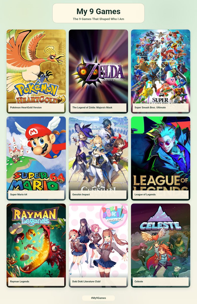 Huzalano's tweet photo. 9 games that shaped who I am
Tellement difficile de n'en choisir que 9, et encore je me suis limité à unjeu/licence 😭
(Devoir enlever des jeux comme undertale, MC, Spyro ou splatoon 💔) https://t.co/VA6cGHL638