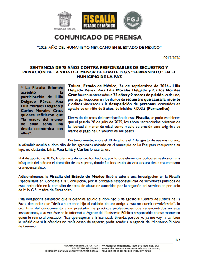 nacholozano's tweet photo. #ÚLTIMAHORA | Sentencian a 78 años y 9 de prisión a Lilia Delgado Pérez, Ana Lilia Morales Delgado y Carlos Morales Cruz, responsables de la muerte de #Fernandito, de 5 años, secuestrado y asesinado 2025.
En julio de 2025, los tres implicados privaron de su libertad a Fernandito como medio de presión para exigirle a su madre el pago de un #adeudo de mil pesos. En agosto del mismo año, fue localizado sin vida a causa de un traumatismo craneoencefálico en el domicilio de estas tres personas.
En #ImagenNoticias de la Noche les presentamos la historia:
https://t.co/o0T881ybmX