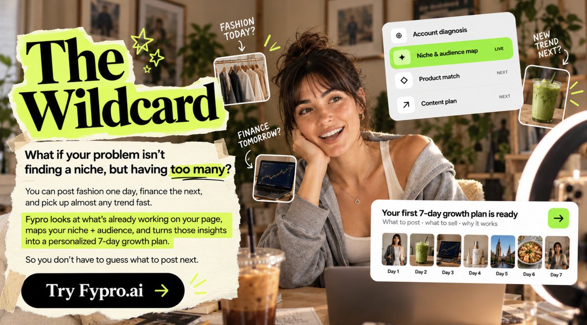 fyproai's tweet photo. Part 6: The Wildcard

What if your problem isn’t finding a niche, but having too many?

Fypro looks at what’s already working on your page, maps your niche + audience, and turns those insights into a personalized 7-day growth plan.

So you don’t have to guess what to post next.

Find your niche: https://t.co/V5iG43F0hG
