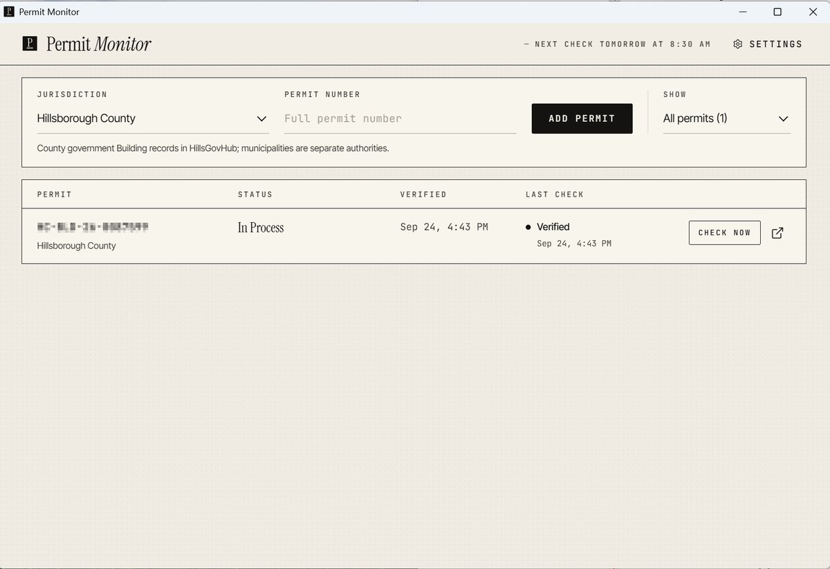 stephenx007's tweet photo. Built a permit monitor for our small team

Every so often it opens county permit portals in a headless Playwright browser, and TypeSafe's Jev picks the next step on each page. When a status changes we get a notification, so we can get to comments quickly. https://t.co/Voc4giEGDb