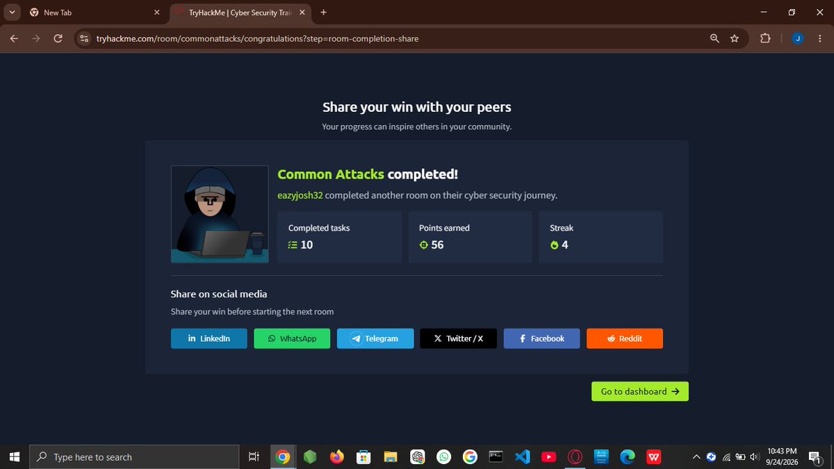 JoshE16994's tweet photo. Day 04/60 #CyberForge Challenge 🇳🇬🛠️

Beating the midnight clock! Completed the @TryHackMe Common Attacks room 

Learnt how hackers trick people and bypass passwords. Quick breakdown of my lens 👇 (1/4) https://t.co/h0KPX6XCbl