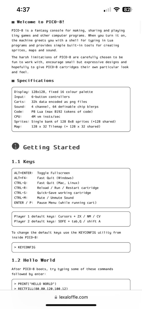 alphonsus_dev's tweet photo. Ok let’s do it.

For now, I just rawdogged the PICO-8 docs front to back when I had no internet for 1 hour 🤓 https://t.co/6NY4oNjoBp