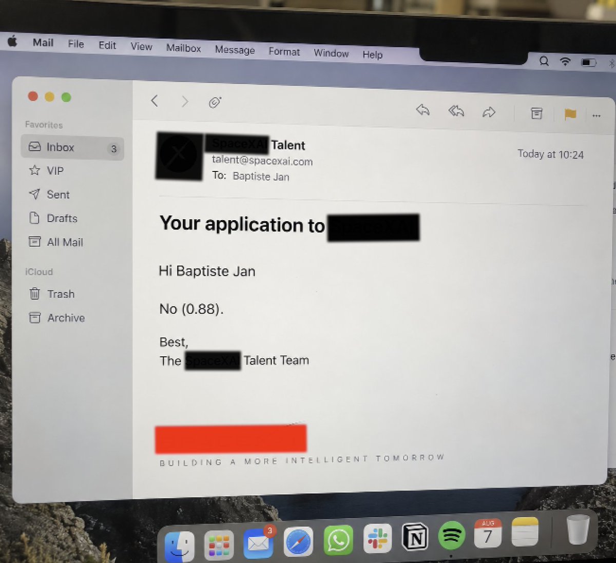 baptjan's tweet photo. applied to a silicon valley ai company this morning.

got a reply in one second: "No (0.88)"

they already plugged jev into their ats https://t.co/HwIGEeAZgT