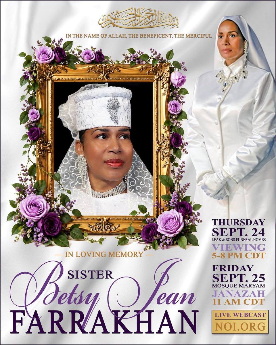 MosqueMaryam's tweet photo. Our hearts &amp; prayers our with The Farrakhan family &amp; The Nation of Islam, as we lay to rest the daughter of The Honorable Minister Louis Farrakhan &amp; Mother Khadijah Farrakhan 🕊️ 🤲🏿 

Join us or tune in tomorrow for the Janazah (funeral) services. 

📱 💻 https://t.co/a0eg1CryEO https://t.co/lAa4XEWGhr