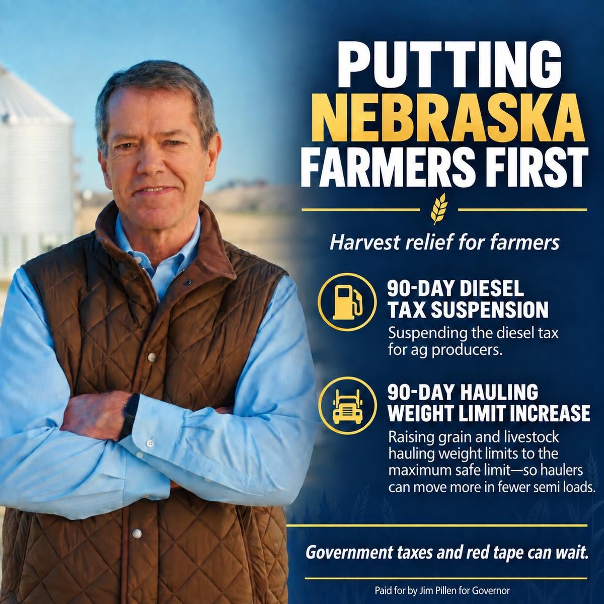 jim_pillen's tweet photo. I just announced harvest relief for Nebraska farmers: 

🌽90-day suspension of the diesel tax for farmers and ranchers
🌽90-day increase in grain and livestock hauling weight limits to the maximum levels
🌽Call on President Trump to suspend diesel exports so American reserves can recover

Simply, government taxes and red tape can wait.

As the first Nebraska Governor from agriculture in 100 years, I will always fight to put Nebraska farmers first. 🚜