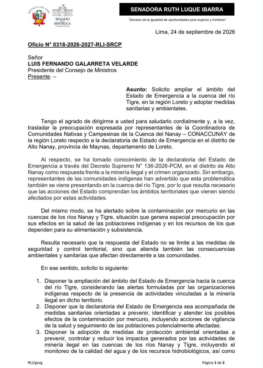 RuthLuqueIbarra's tweet photo. La minería ilegal en Loreto no puede enfrentarse solo con operativos de seguridad. Ante las alertas de las comunidades indígenas sobre su expansión hacia la cuenca del río Tigre y la contaminación por mercurio en las cuencas del Nanay y Tigre, he solicitado a la PCM ampliar el ámbito de intervención y adoptar medidas urgentes de salud y protección ambiental. Defender los ríos amazónicos es también proteger la salud, alimentación y vida de sus pueblos. @pcmperu @MinemPeru