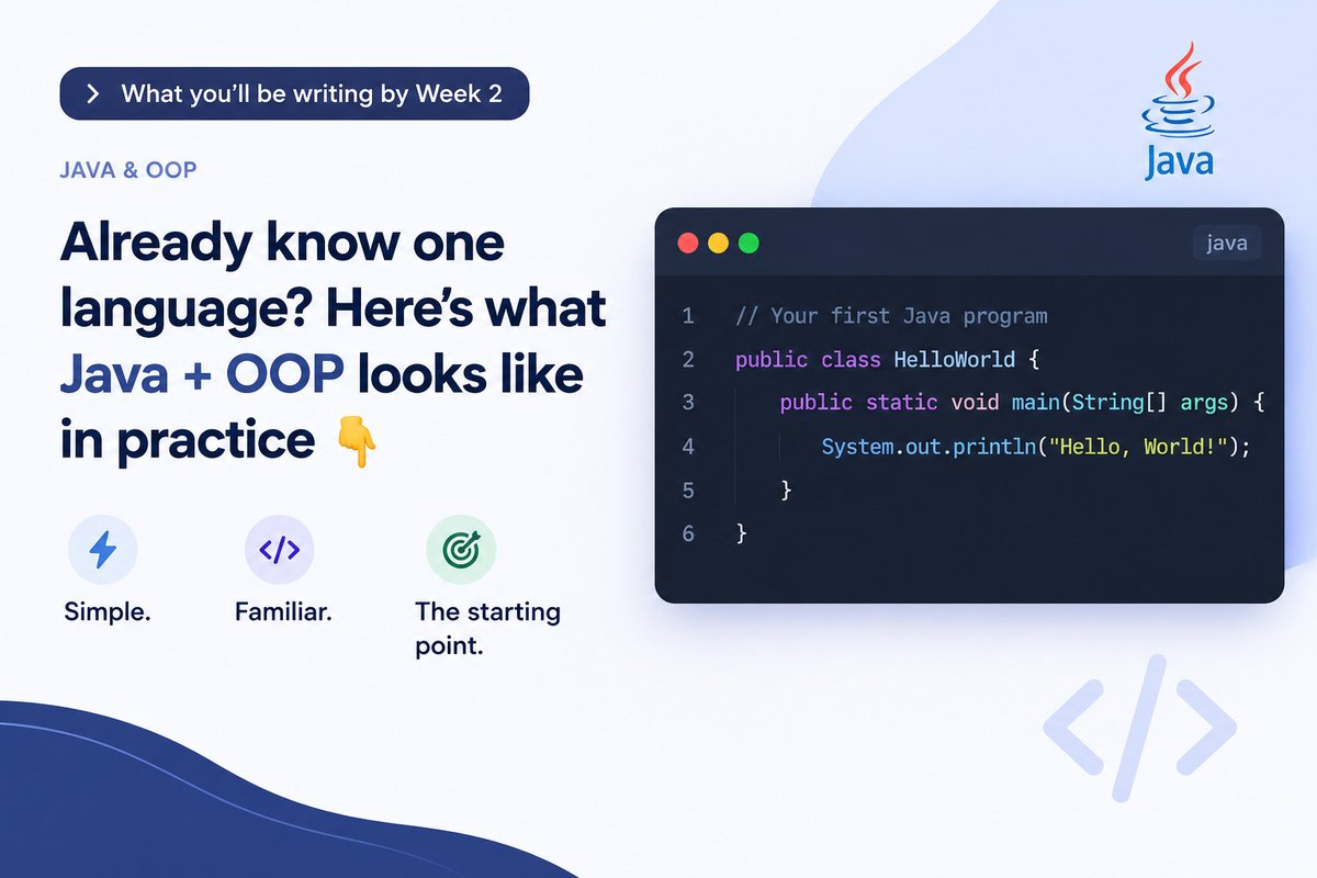 devleapschool's tweet photo. From "Hello, World!" to building real objects — this is what Java &amp; OOP looks like when you actually get it. Swipe through ➡️

4 weeks. ₦30,000. Job-ready foundations.

#DevLeap #LearnToCode #Java #OOP #CodeNewbie #TechEducation https://t.co/JO9x8WmcMq