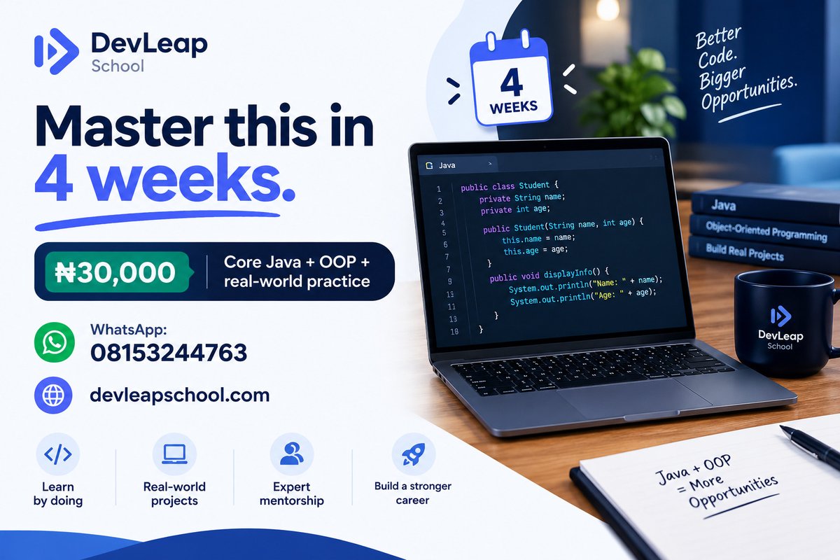 devleapschool's tweet photo. From "Hello, World!" to building real objects — this is what Java &amp; OOP looks like when you actually get it. Swipe through ➡️

4 weeks. ₦30,000. Job-ready foundations.

#DevLeap #LearnToCode #Java #OOP #CodeNewbie #TechEducation https://t.co/JO9x8WmcMq