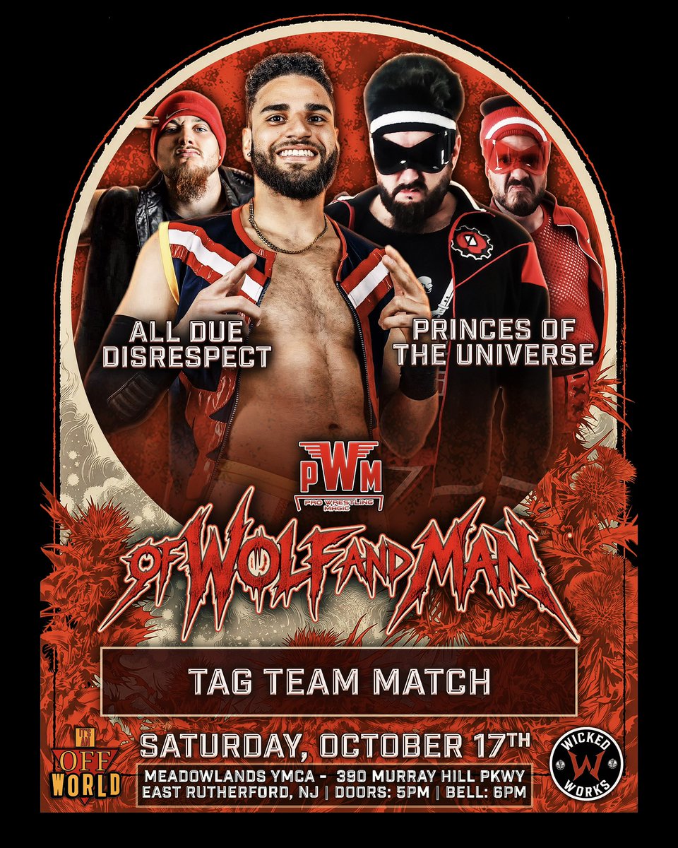 WrestlingMagic's tweet photo. Updated Card for Of Wolf and Man: The Road to Kingdom Come XI 
📅 Saturday, October 17 
📍 Meadowlands YMCA
🚪 Doors: 5 PM | 🔔 Bell: 6 PM

🎟️ https://t.co/e2ofBhcx5w
#ThisIsMagic https://t.co/l421WynYVy