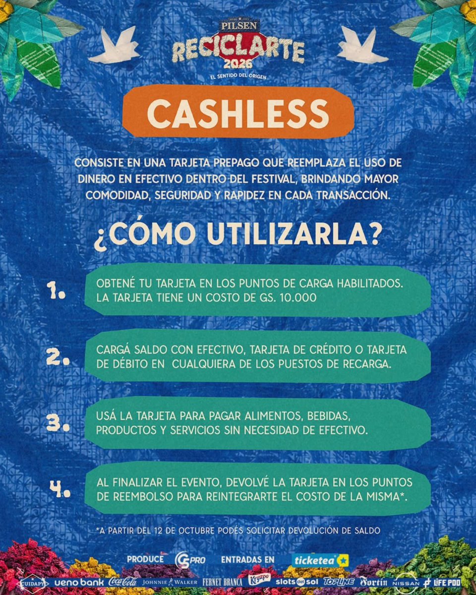 ReciclArtePY's tweet photo. 𝙀𝙎𝙏𝙀 𝘼𝙉̃𝙊 𝙄𝙉𝙂𝙍𝙀𝙎𝘼𝙎 𝘿𝙄𝙍𝙀𝘾𝙏𝙊 😎

¡No hay canje de entradas por pulseras! ‼️

Presenta tu 𝙚𝙣𝙩𝙧𝙖𝙙𝙖 𝙙𝙞𝙜𝙞𝙩𝙖𝙡 𝙤 𝙛𝙞́𝙨𝙞𝙘𝙖 en el acceso y listo ✅️ 

𝙋𝙞����𝙨𝙚𝙣 𝙍𝙚𝙘𝙞𝙘𝙡𝙖𝙧𝙩𝙚 𝙚𝙨 𝙪𝙣 𝙚𝙫𝙚𝙣𝙩𝙤 100% 𝙘𝙖𝙨𝙝𝙡𝙚𝙨𝙨 🔝 https://t.co/lYf1kHe254