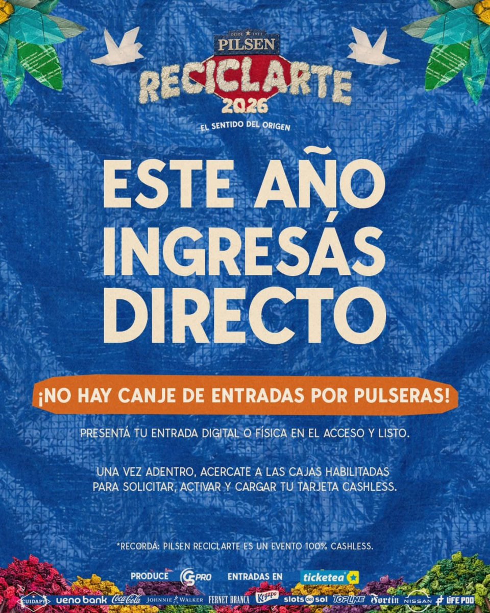 ReciclArtePY's tweet photo. 𝙀𝙎𝙏𝙀 𝘼𝙉̃𝙊 𝙄𝙉𝙂𝙍𝙀𝙎𝘼𝙎 𝘿𝙄𝙍𝙀𝘾𝙏𝙊 😎

¡No hay canje de entradas por pulseras! ‼️

Presenta tu 𝙚𝙣𝙩𝙧𝙖𝙙𝙖 𝙙𝙞𝙜𝙞𝙩𝙖𝙡 𝙤 𝙛𝙞́𝙨𝙞𝙘𝙖 en el acceso y listo ✅️ 

𝙋𝙞����𝙨𝙚𝙣 𝙍𝙚𝙘𝙞𝙘𝙡𝙖𝙧𝙩𝙚 𝙚𝙨 𝙪𝙣 𝙚𝙫𝙚𝙣𝙩𝙤 100% 𝙘𝙖𝙨𝙝𝙡𝙚𝙨𝙨 🔝 https://t.co/lYf1kHe254