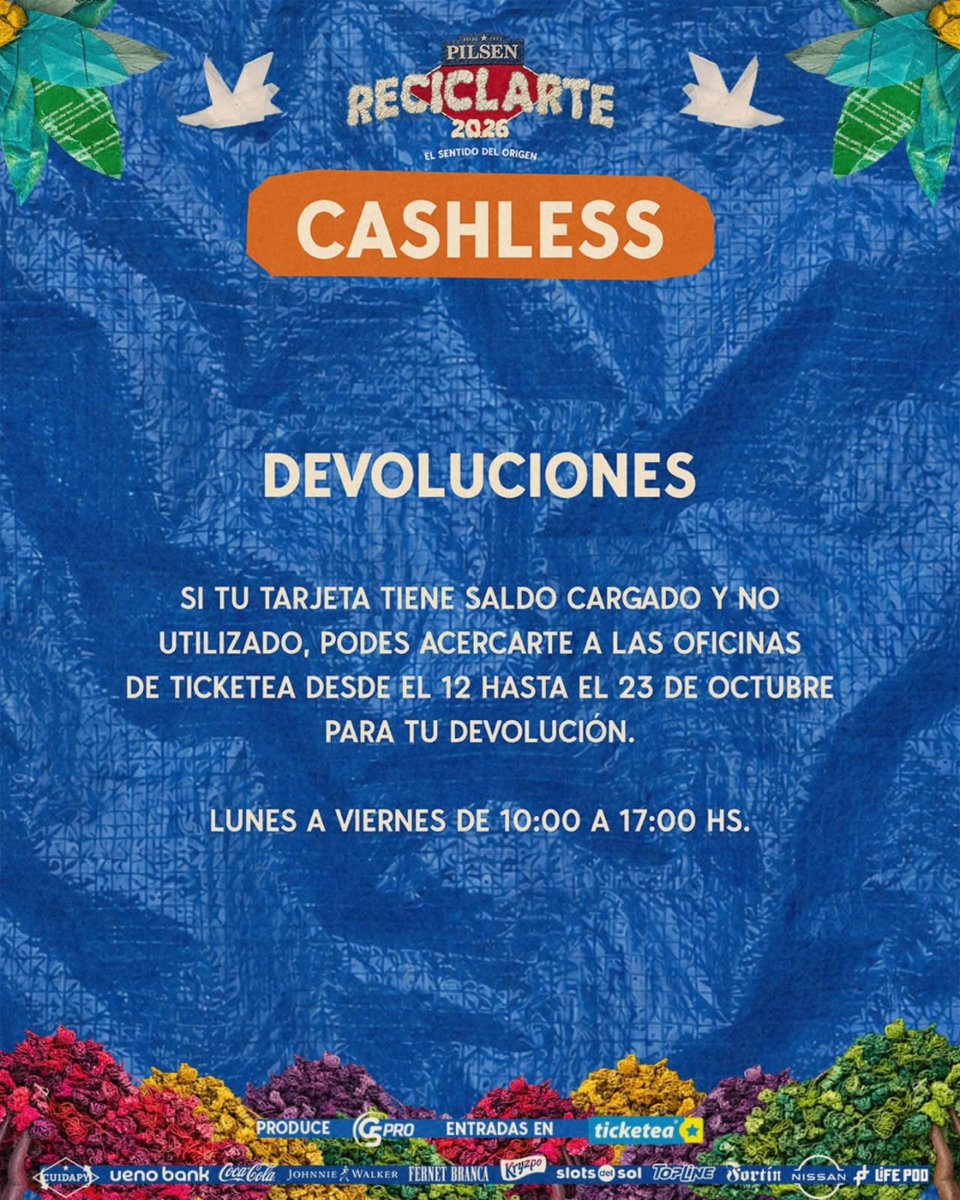 ReciclArtePY's tweet photo. 𝙀𝙎𝙏𝙀 𝘼𝙉̃𝙊 𝙄𝙉𝙂𝙍𝙀𝙎𝘼𝙎 𝘿𝙄𝙍𝙀𝘾𝙏𝙊 😎

¡No hay canje de entradas por pulseras! ‼️

Presenta tu 𝙚𝙣𝙩𝙧𝙖𝙙𝙖 𝙙𝙞𝙜𝙞𝙩𝙖𝙡 𝙤 𝙛𝙞́𝙨𝙞𝙘𝙖 en el acceso y listo ✅️ 

𝙋𝙞����𝙨𝙚𝙣 𝙍𝙚𝙘𝙞𝙘𝙡𝙖𝙧𝙩𝙚 𝙚𝙨 𝙪𝙣 𝙚𝙫𝙚𝙣𝙩𝙤 100% 𝙘𝙖𝙨𝙝𝙡𝙚𝙨𝙨 🔝 https://t.co/lYf1kHe254