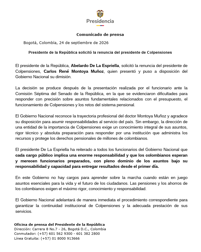 NoticiasRCN's tweet photo. #ATENCIÓN | El presidente Abelardo De La Espriella solicitó la renuncia del presidente de Colpensiones, Carlos René Montoya Muñoz, luego de su intervención ante la Comisión Séptima del Senado. https://t.co/K33WlbLa5k