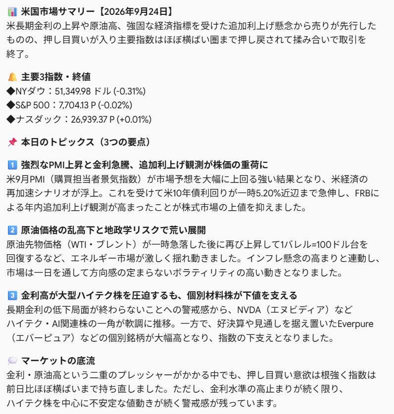 taroa1995's tweet photo. 📊 昨日の米国市場サマリーをまとめました！

強固な経済指標を受けた金利高や原油動向で売りが先行するも、押し目買いが入り主要指数は揉み合いで終了。
#米国株 #投資初心者 #資産運用 https://t.co/8BXfmtqLZp