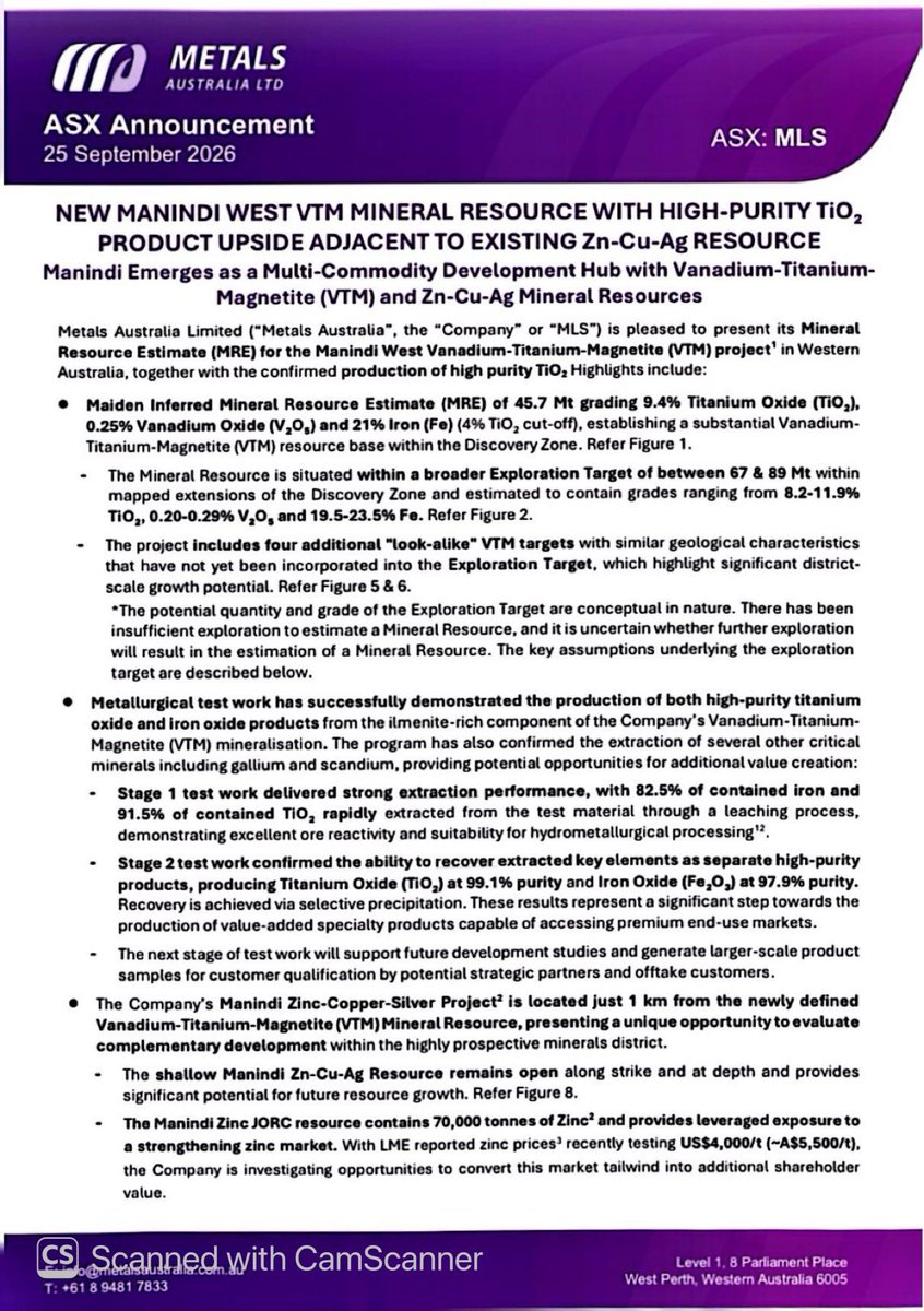 SalvadorMaurice's tweet photo. $MLS
NEW MANINDI WEST VTM MINERAL RESOURCE WITH HIGH-PURITY TO, PRODUCT UPSIDE ADJACENT TO EXISTING #Zn-#Cu-#Ag RESOURCE
Manindi Emerges as a Multi-Commodity Development Hub with #Vanadium-#Titanium-#Magnetite (VTM) and #Zn-#Cu-#Ag Mineral Resources.. https://t.co/0VXFeOLeZV