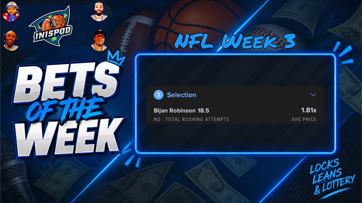 INISPod's tweet photo. πͺ LJβs Ladder is BACK with another weekly rankings headed into Week 3! ππ
Some climbed the ranks π others took a tumble after week 2π
π° Tonightβs Play: Bijan Robinson UNDER 18.5 Rush Attempts π
#INISPOD #LJsLadder #NFLWeek3 #NFLPicks https://t.co/P4ynYIpJA4