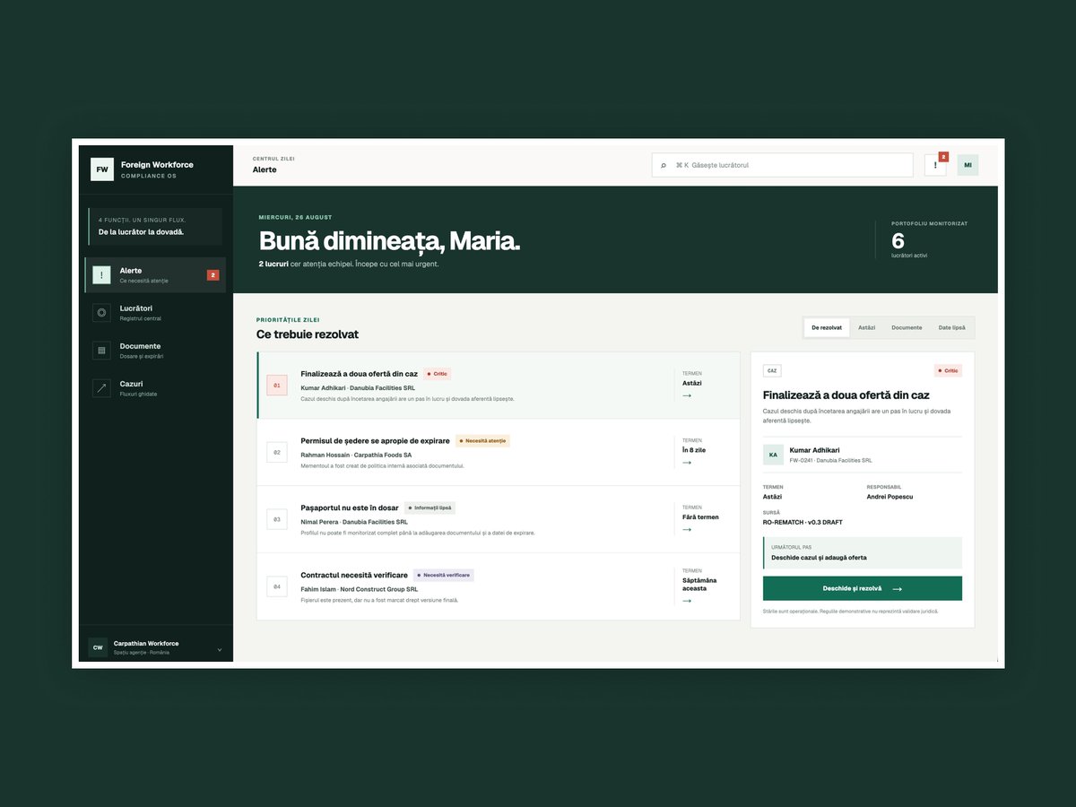 david_dyv's tweet photo. Building an MVP for companies managing non-EU workers in Romania.

The idea is pretty simple: one place for workers, documents, deadlines, cases and everything that usually gets scattered across spreadsheets, folders and WhatsApp.

The dashboard is built around what actually needs attention first, not around making people dig for it.

Still early, but I really like where this one is going.