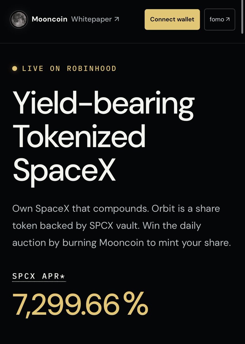 mooncoin_it's tweet photo. @gajria Then the next meta is yield bearing tokenized stocks, powered by memecoins. Yield is the best mechanism to tokenize assets onchain. 

Imagine if stocks provided 50% yield onchain, why would they remain offchain. 

Mooncoin is the first to enable this for SPCX. https://t.co/8C1Swn7HWa
