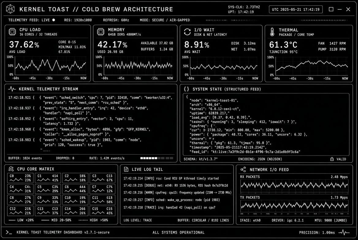 muchbusiness01's tweet photo. > Hardware does not hallucinate. ⚡️

> Most AI orchestration tools monitor systems from a software vacuum. Our Kernel Toast Observation Deck tethers AI reasoning directly to real-time silicon vitals—CPU load, memory allocation, and thermal spikes at the exact microsecond an anomaly triggers.

> Real-time logs ➡️ Structured JSON ➡️ Adversarial verification.

> This is what system proprioception actually looks like. 🔬

@elonmusk , @X , @astroman_X_00 , @xaicareers , @realDonaldTrump