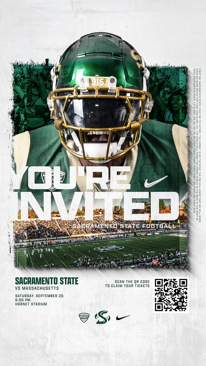SacHornetsFB's tweet photo. 🚨🚨Attention HS &amp; JUCO Recruits! 🚨🚨
YOU are invited to attend Sac State's initial MAC home game vs. UMass this Saturday night for FREE.   Bring up to 2 guests with you.    

🆚: UMass 
📍: Hornet Stadium 
📅: Sat, Sept 26, 2026
⏰: 6:00PM 
🎟️: https://t.co/ScTcPMfTdP https://t.co/1oOAHQXqjq