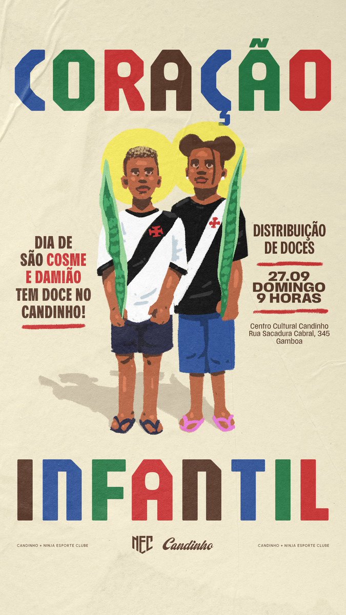 AquiNasceuVasco's tweet photo. TEM DOCE NO CANDINHO! 🍬🍭💢

Neste domingo é dia de São Cosme e Damião e, depois do nosso treino do Candinho Corrida de Rua, vai ter distribuição de doces pra criançada! ❤️

📅 27/09, domingo, às 9h
📍 Centro Cultural Candinho — Rua Sacadura Cabral, 345, Gamboa https://t.co/pTtZtwDGaU