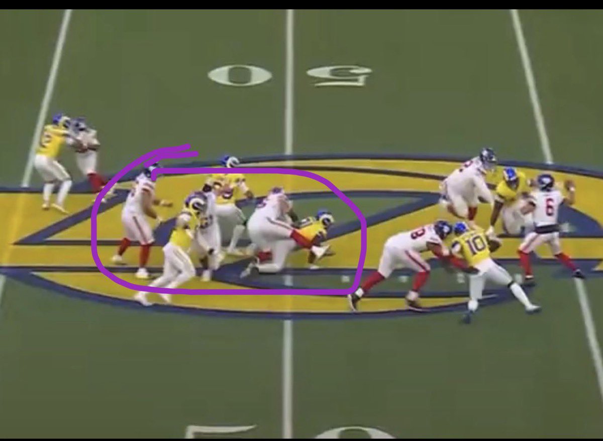 patriot_pilot's tweet photo. @PhinsLiftoff @mikeMaher It’s an interesting point to discuss,  i am with you on this play -  the circle here is what I would consider the pocket,  and that’s not a place I would wanna be standing.  The Rams D line was better than NYG O online. https://t.co/eqqdcZWTUh