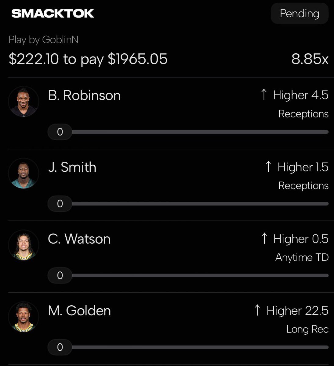 GoblinLocksx's tweet photo. 🎯TNF 4 Leg on @smacktok 

$222.10 > $1965.05

⭐️Jordan Love From The Hometown ⭐️

More free picks from your top cappers in the #Smacktok communtiy chat 

Use Code “Goblin”  $50 Match Deposit +Free Pick https://t.co/dDDCeasFkG