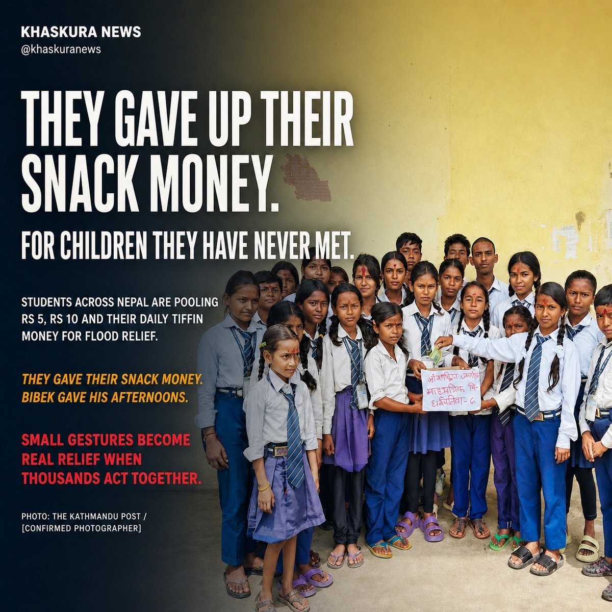 addisongreenf64's tweet photo. Nepal’s schoolchildren gave up snack money to help flood victims. One class donated its savings; across the country, small acts became real relief. Donations to the Prime Minister’s fund neared Rs 2 billion in 36 hours. No one waited to be told. https://t.co/LQmvsTH6uE