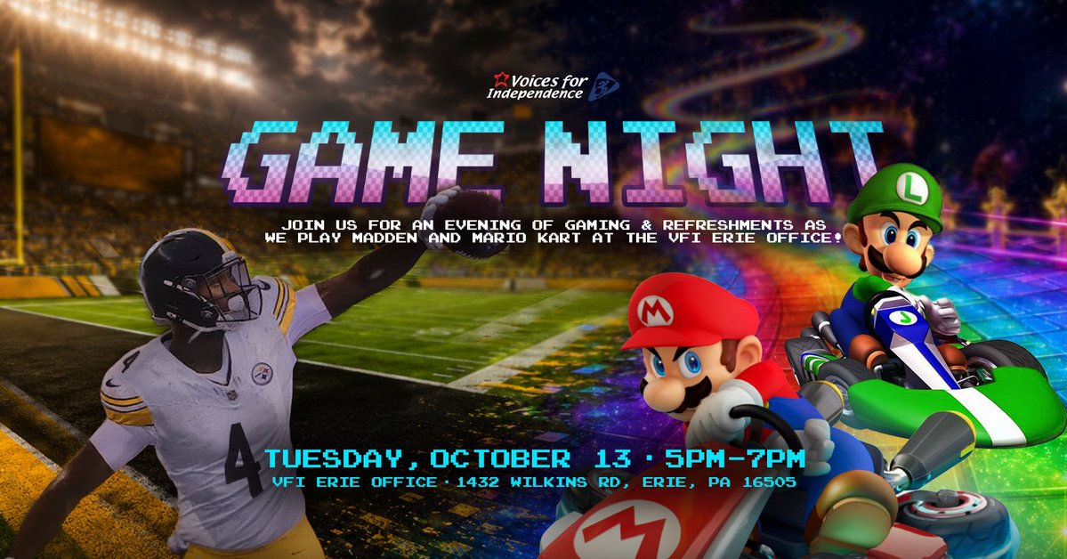 VFICIL's tweet photo. 🎮 Join us for our first ever VFI GAME NIGHT, right here at the VFI Erie Office (1432 Wilkins Rd, Erie, PA 16505), where we'll be playing Madden & Mario Kart throughout the evening from 5pm-7pm! 🏈🏎️

Refreshments will be available. Gamers must RSVP to Tiff & Rachel at (814) 983-9634 to secure their spot. We hope to see you there! ☺️