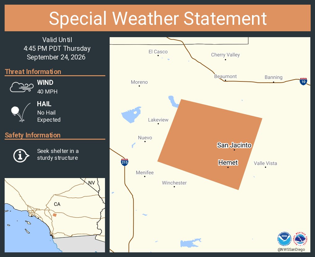 NWSSanDiego's tweet photo. A special weather statement has been issued for Hemet CA and  San Jacinto CA until 4:45 PM PDT https://t.co/WH3qL2LIPg