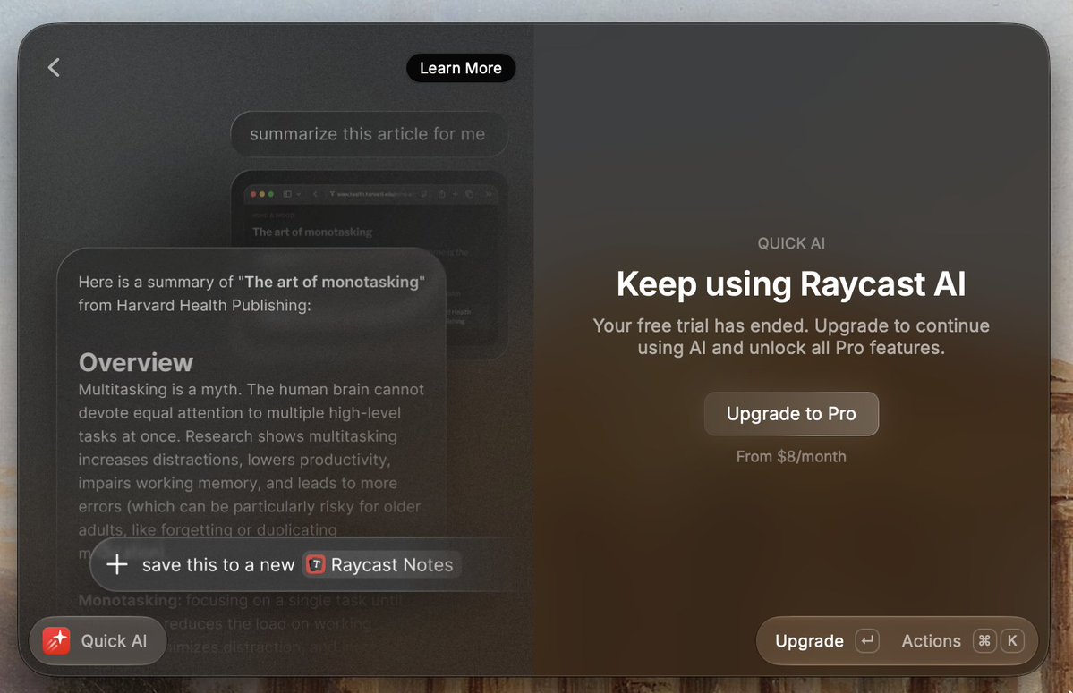 Draybse's tweet photo. hey @raycast why do i have to pay for ai if i use my own models?

help me understand this https://t.co/ZspvKHhck2