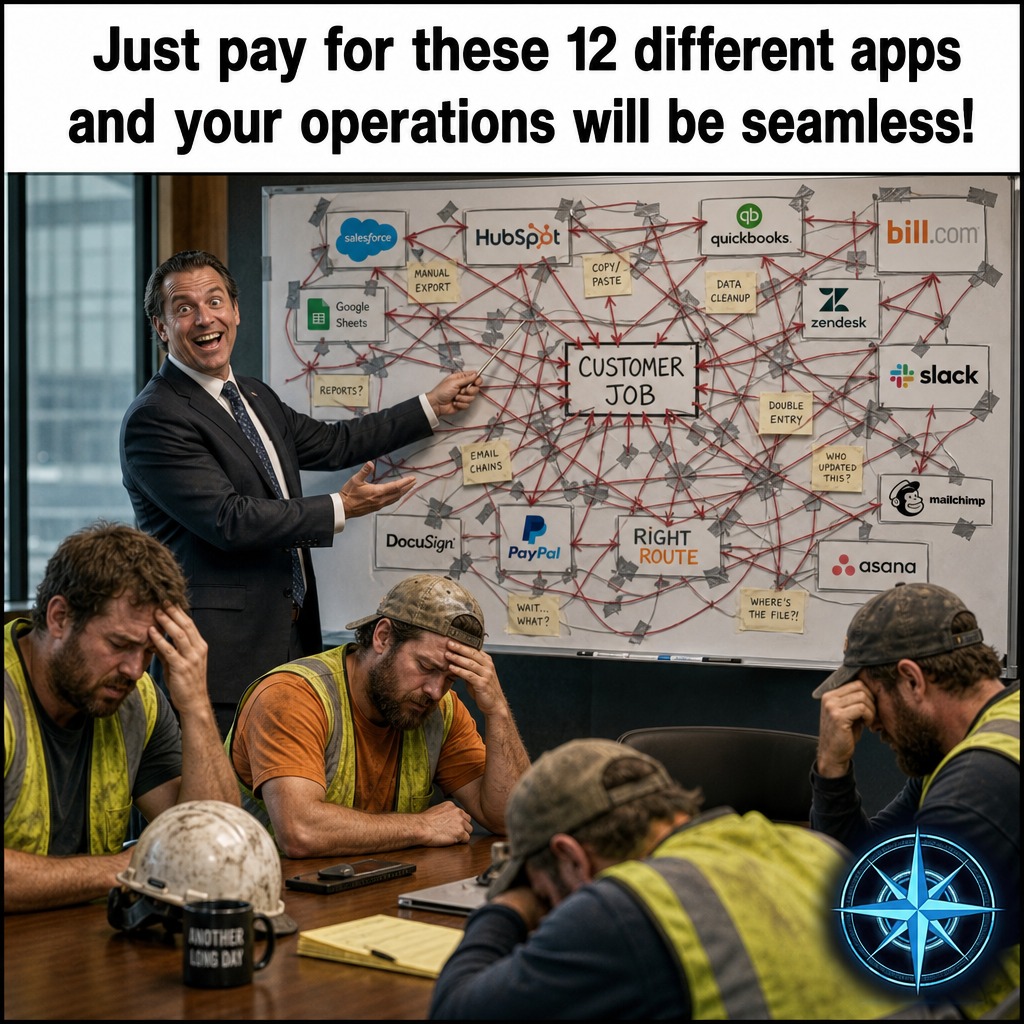 URBLDllc's tweet photo. Tell me you love wasting money without telling me you love wasting money.

The guy pitching the 12-app tech stack is never the one doing the manual data entry in the truck. Stop torturing your field crew with a dozen disconnected logins. Run it all on URBLD. https://t.co/w91PGd9QnQ