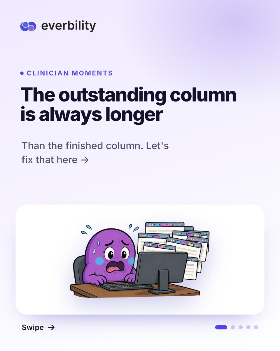 everbility's tweet photo. Every clinician knows this one: the outstanding column is always longer than the finished column.

Everbility lets your whole team draft therapy reports from shared templates, so the backlog shrinks inside work hours instead of spilling into evenings.

Clear the backlog by 5pm. https://t.co/i4AHJCyq0b