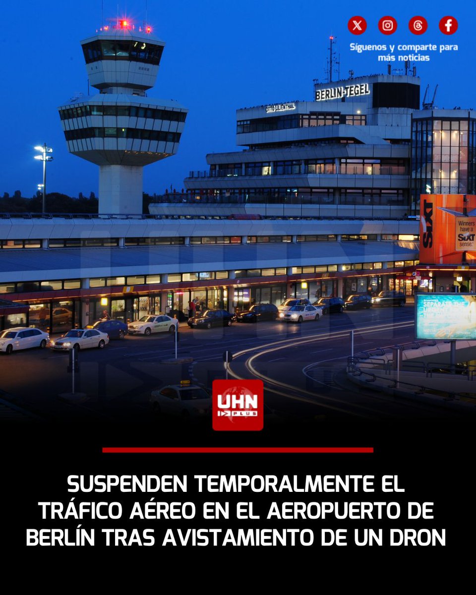 UHN_Plus's tweet photo. 🇩🇪‼️ | El aeropuerto de Berlín suspendió temporalmente todos los despegues y aterrizajes durante unos 45 minutos después de que fuera avistado un dron desconocido cerca de las instalaciones. Un total de 14 vuelos tuvieron que ser desviados a aeropuertos cercanos, mientras que la Policía Federal desplegó un operativo para localizar el supuesto dispositivo, aunque finalmente no encontró ningún dron.