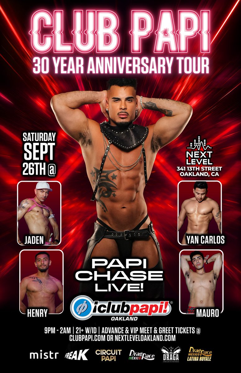 ClubPapi's tweet photo. FOLSOM FAIR WEEKEND ☆ #LATINOSINLEATHER EVENTS WITH PUERTO RICAN 🇵🇷 PAPI GO-GO @RICANPAPICHASE 

1. FRIDAY, SEPT 25 - CORAZON SF @BeauxSF 

2. SATURDAY, SPET 26 - CLUB PAPI OAKLAND @ NEXT LEVEL 

TIX @ https://t.co/DdKKBqksYv https://t.co/UENs6bAqO8