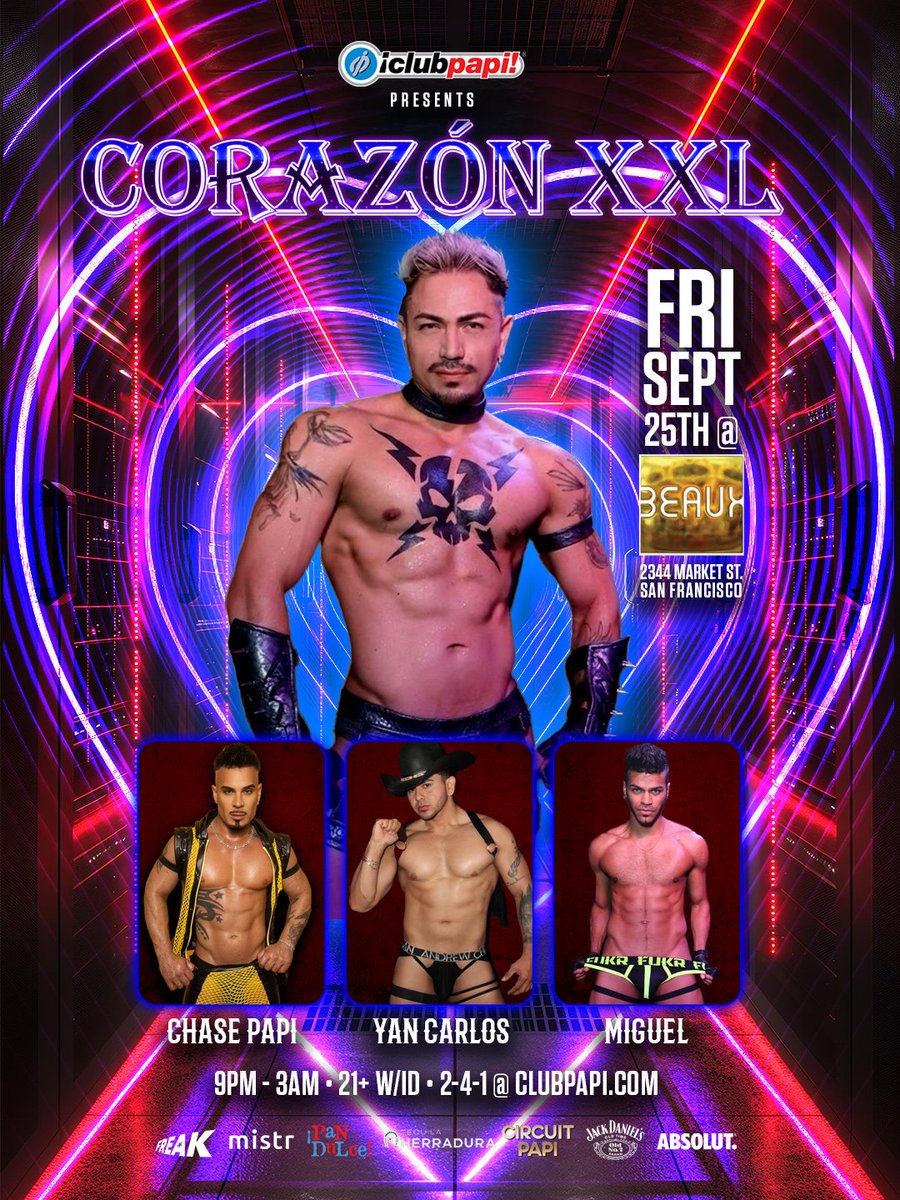 ClubPapi's tweet photo. FOLSOM FAIR WEEKEND ☆ #LATINOSINLEATHER EVENTS WITH PUERTO RICAN 🇵🇷 PAPI GO-GO @RICANPAPICHASE 

1. FRIDAY, SEPT 25 - CORAZON SF @BeauxSF 

2. SATURDAY, SPET 26 - CLUB PAPI OAKLAND @ NEXT LEVEL 

TIX @ https://t.co/DdKKBqksYv https://t.co/UENs6bAqO8
