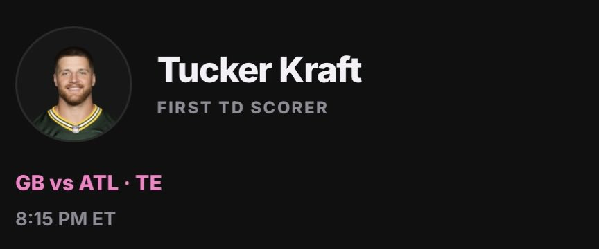 FirstIQNFL's tweet photo. 🚨THURSDAY NIGHT FOOTBALL FIRST TOUCHDOWN PICK🚨

1st overall pick: Bijan Robinson (+470)

Penix is back and I'm expecting the offense to look much better on the falcons side. 

Packers pick: Tucker Kraft (+1100)

The packers score first on passes 80% of the time. Tucker Kraft is also still looking for his first touchdown of the season and I expect the packers to get him involved tonight. 

The model had a different #1 overall pick for the packers so make sure to click the link on my pinned tweet and see all of the picks/info you need.