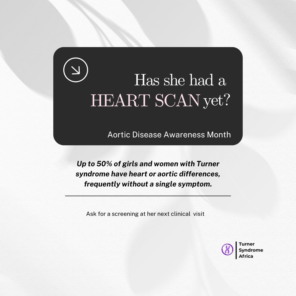 AfricaTurner's tweet photo. As we get closer to the end of the #AorticDiseaseAwarenessMonth we have one question for every family and doctor: has she had a heart scan?
#thinkaorta #turnersyndrome #TSAwareness #aortaed #checkup #scan #weekend #TSA #hearthealth #screening #raredisease https://t.co/zUvFcqOZUY
