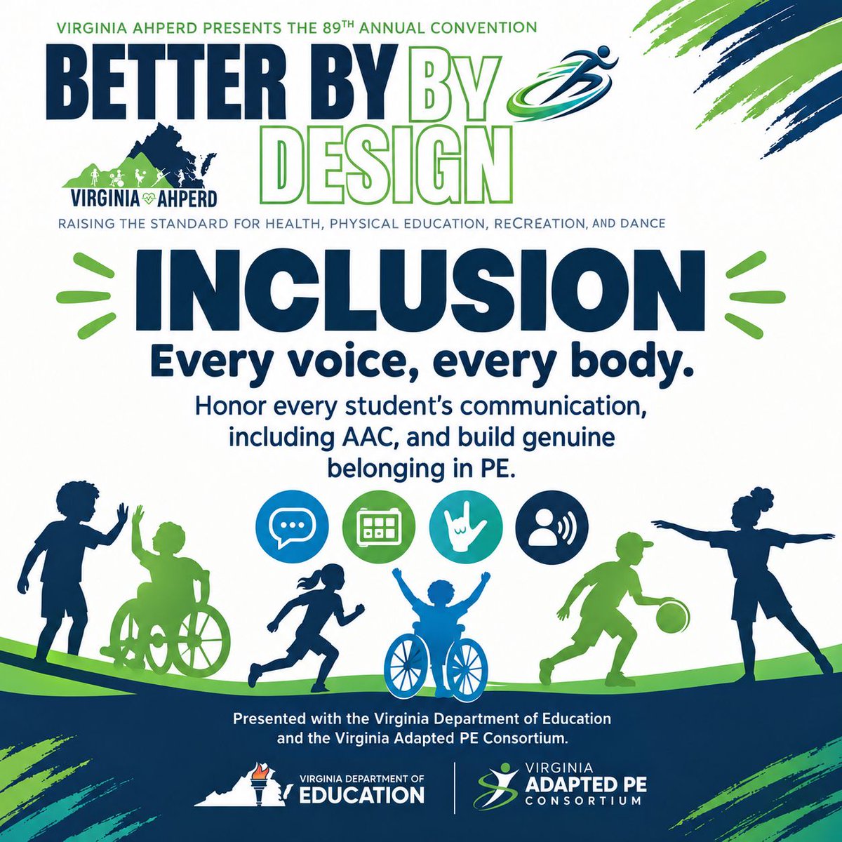 vahperd's tweet photo. Every voice, every body.
 
Honor every student's communication, including AAC, and build genuine belonging in PE. Presented with the Virginia Department of Education and the Virginia Adapted PE Consortium. 

Register today: https://t.co/Sq1RUjhZc2 https://t.co/bDVJJ4mi0A