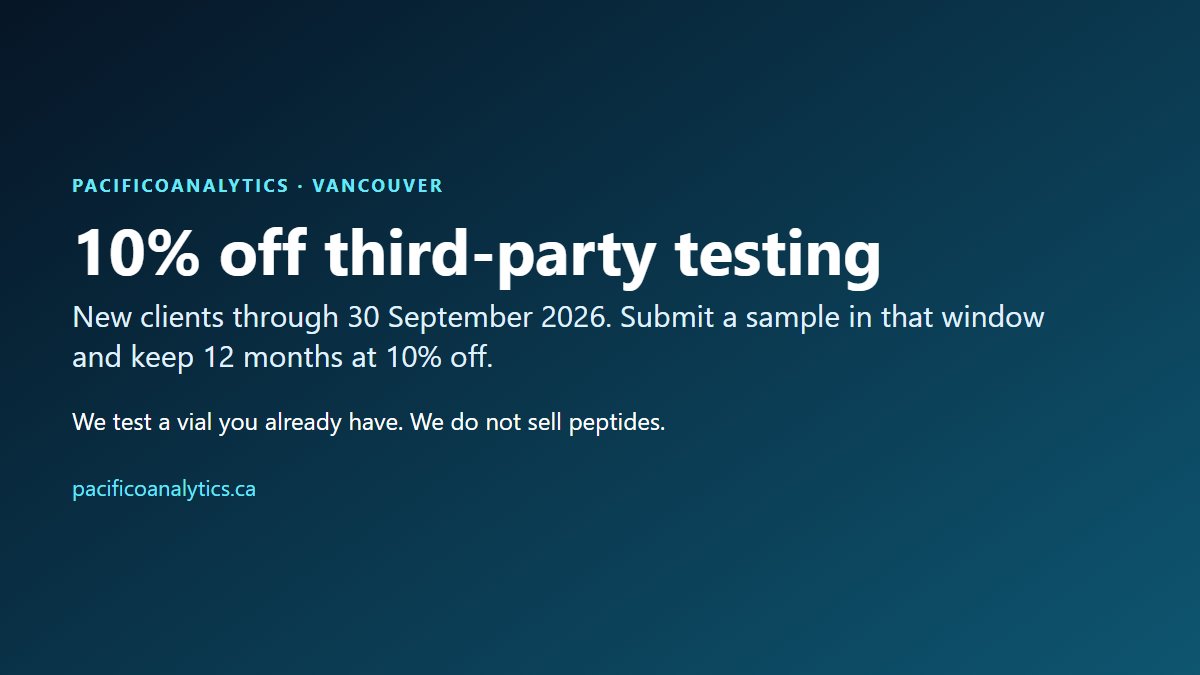 PacifiCOAnalyt's tweet photo. New clients: 10% off third-party testing through 30 September 2026. Submit a sample in that window and keep 12 months at 10% off. We test a vial you already have. We do not sell peptides. https://t.co/mA4vnVmkzE https://t.co/M4qi9as4Um