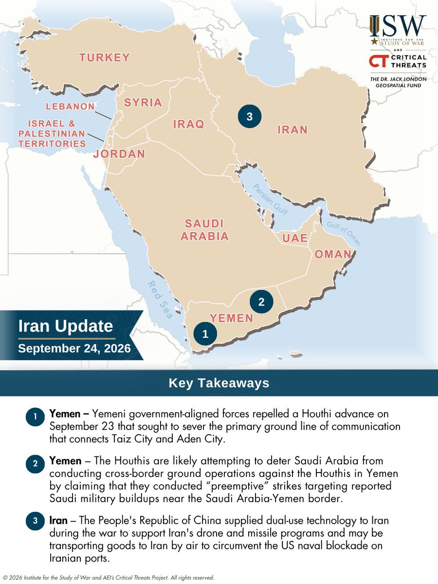 criticalthreats's tweet photo. NEW I Yemeni government-aligned forces repelled a Houthi advance on September 23 that sought to sever the primary ground line of communication (GLOC) that connects Taiz City and Aden City. Houthi control over the Taiz-Aden GLOC would effectively represent an encirclement of Yemeni government-aligned forces in Taiz City, as the Hijat al Abd road is the only effective main supply route (MSR) that connects Taiz City to the rest of Yemeni government-controlled territory. (1/5)